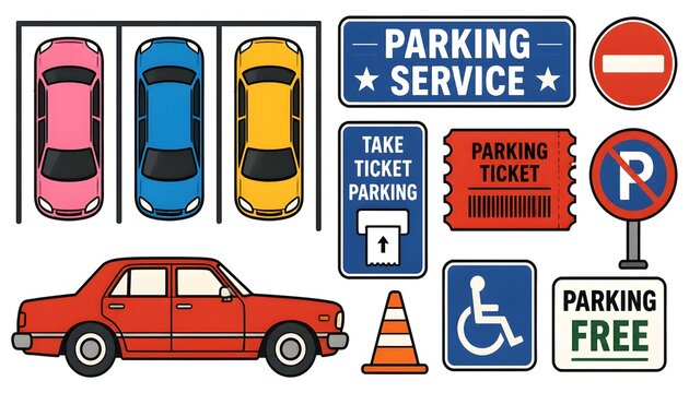 Car parking element set, white background.