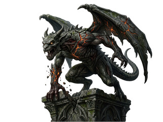Fototapeta premium Fearsome stone gargoyle monster with glowing magma cracks isolated on transparent background. Dark fantasy gaming.