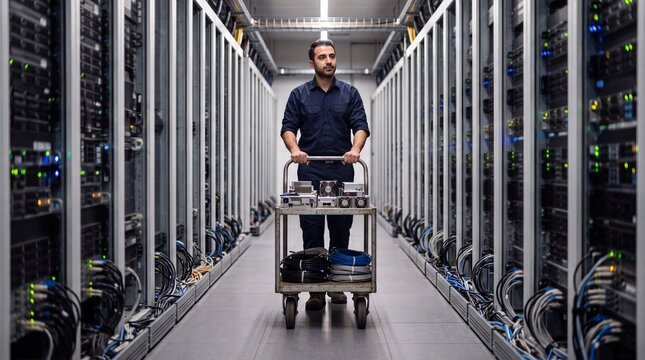 Techniker schiebt Ersatzteilwagen mit Servermodulen und Kabeln durch den Gang eines Rechenzentrums in der Halbtotale