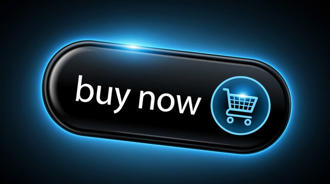 Glowing "buy now" call-to-action button with a shopping cart icon, e-commerce concept, with copy space