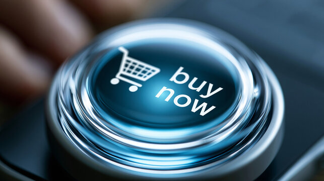 Glowing "buy now" call-to-action button with a shopping cart icon, e-commerce concept, with copy space