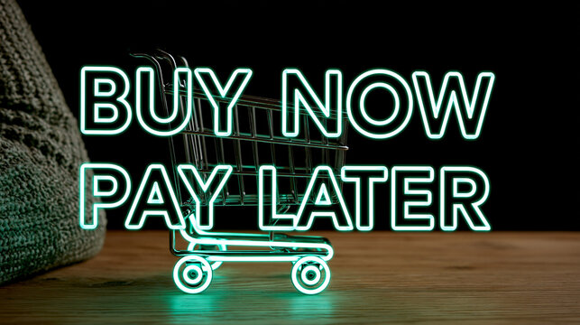 Glowing "buy now pay later" text with a shopping cart icon, digital payment finance service concept, with copy space