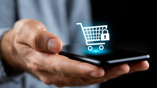 Faceless hand holding a smartphone with a glowing shopping cart and lock icon, secure digital checkout concept, with copy space