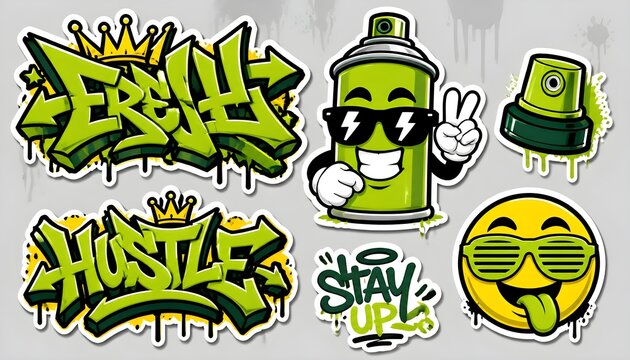 Green graffiti street art sticker pack with text tags and cartoon spray can character on white die-cut borders.