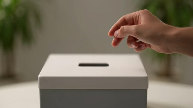 Person Dropping Voting Ballot Into Cardboard Box For Election Or Polling Process Close Up Video clip