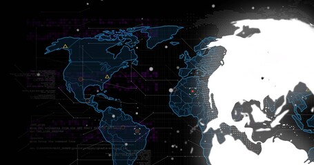 Obraz premium Globe appearing right, rotating left and revealing land while overlays pulsing, visualizing data