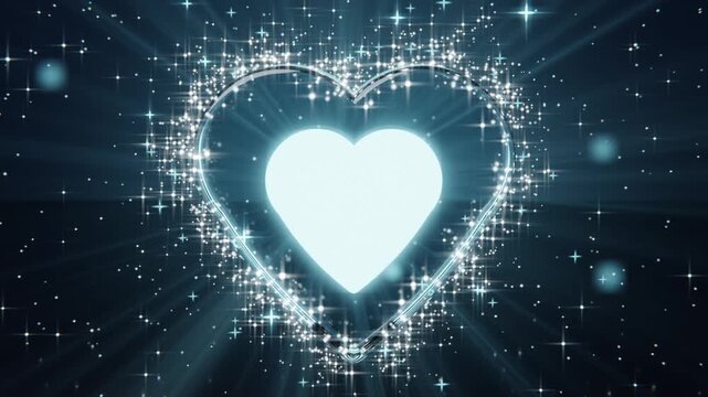 Appearing glowing heart in starfield pulsing, ring coalescing, radial beams and bokeh drifting