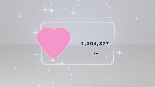 Revealing rounded card pulsing pink heart showing 1,204,377 for UI on gray plane, sparkles drifting