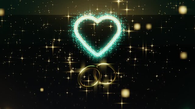 Emitting particles, glowing turquoise heart forming above sliding gold rings on dark star field