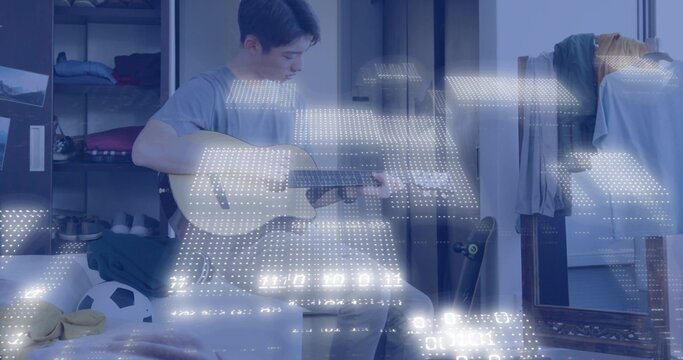 Teen on bed tuning guitar pegs, shifting frets, strumming as light grid pulsing, practicing music