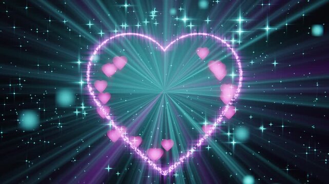 Glow rising neon heart shifting to magenta outline emitting pink hearts beams adding depth in space