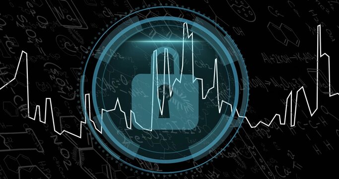 Cyber Security text shrinking, HUD forming, lock emerging, waveform pulsing, visualizing security