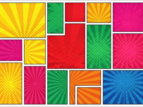Colorful comic book page template with various pop art style panel frames