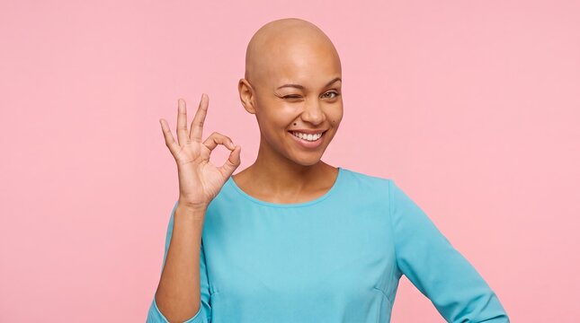 alopecia bald woman portrait okay gesture wink confidence hair loss smiling and making an approval sign on pink to communicate success optimism self acceptance and inclusive beauty promotion