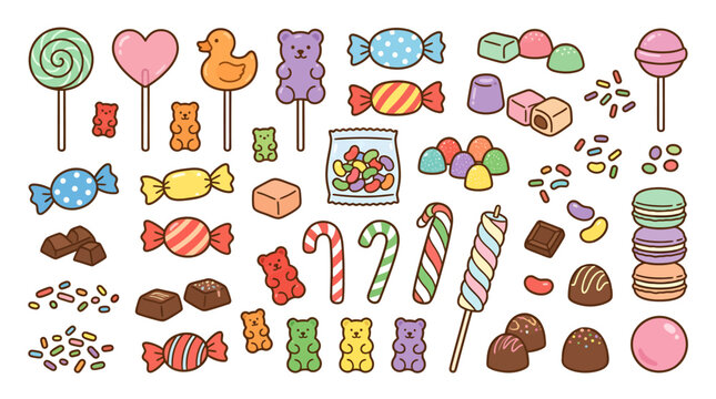 Collection of hand drawn assorted colorful candies and sweets illustrations.