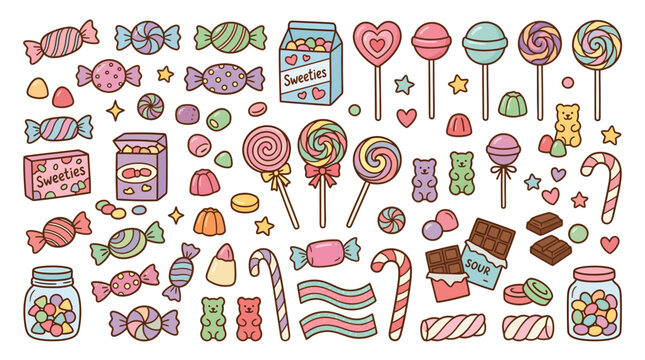 Doodle set of various colorful sweet candies and treats.