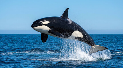 Obraz premium A majestic killer whale breaches powerfully from the deep blue ocean water on a clear sunny day