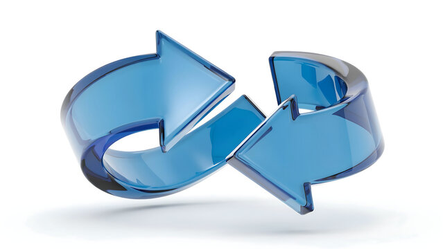 Transparent blue glass 3D refresh arrows symbol with transparent, rotation