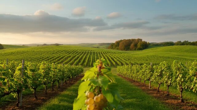 Ripe Grape Cluster Hanging In Vineyard With Rolling Green Hills And Sunset Sky Background Video clip