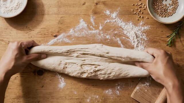 Overhead View of Hands Shaping Bread Dough on Floured Table