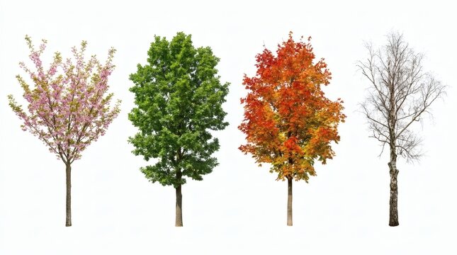 Trees representing four distinct seasons stand side by side against a stark white background to illustrate the cycle of nature.