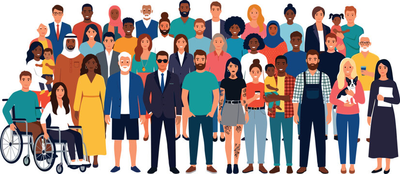 Large group of diverse people standing together representing community, inclusion, and multicultural society