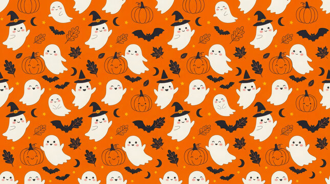 A repeating seamless pattern featuring adorable white cartoon ghosts wearing witch hats alongside cute orange pumpkins bats autumn leaves and yellow stars