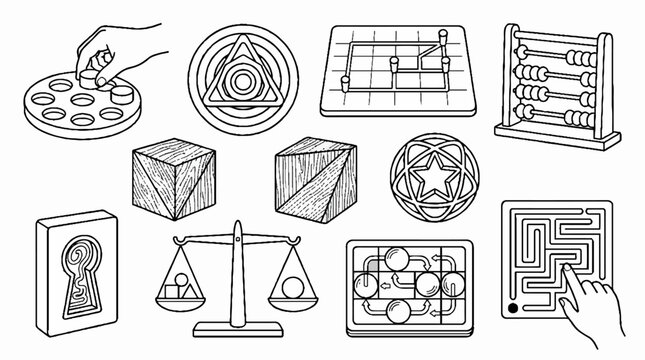 A collection of hand drawn logic puzzles and brain teasers for mental stimulation.