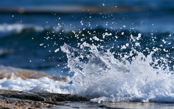 Dynamic Ocean Wave Crashing Against Rocky Shoreline with Sunlit Spray