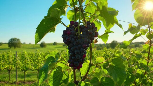 Ripe Grape Cluster Hanging On Vine In Sunlit Vineyard With Rows Of Grapes And Morning Light Video clip