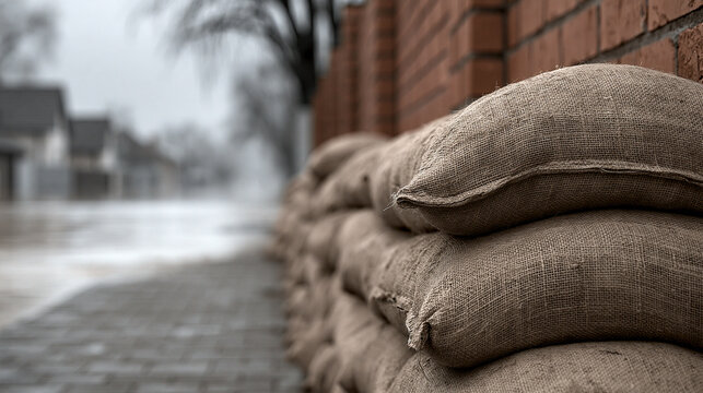 A stack of sandbags lines a brick wall on a city street, ready for flood defense. Flood prevention concept for emergency preparation and disaster relief.