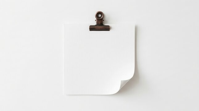 A stack of blank white paper sheets held together by a black metal binder clip on a clean white background surface