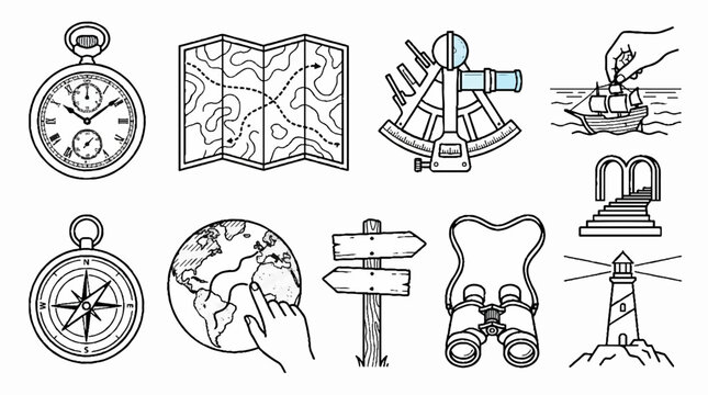 Hand drawn collection of vintage travel and navigation equipment icons.