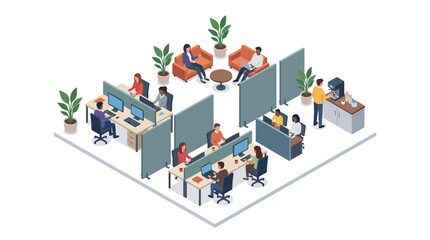 Fototapeta premium Isometric illustration of diverse professionals working in a modern office