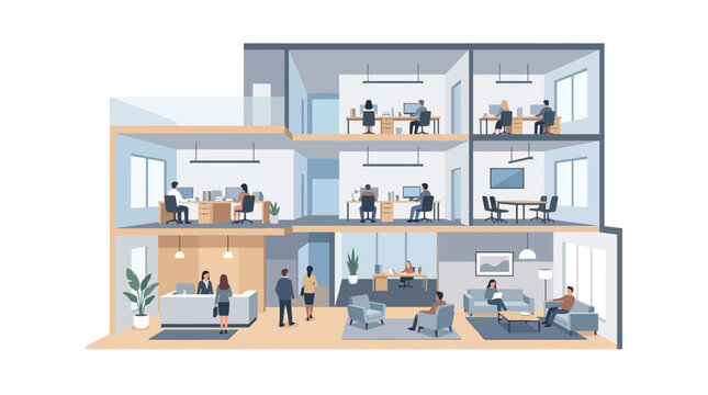 Cross-section illustration of people working in a modern office building