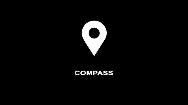 White location pin icon with the word COMPAS on a black background map marker navigation