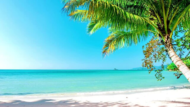 Tropical beach landscape with palm tree and turquoise ocean water, idyllic white sand coastline under clear blue sky, exotic summer vacation background