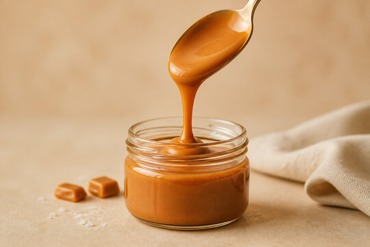 A spoonful of caramel sauce is dripping into a glass jar filled with the same sauce on a light brown surface.