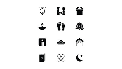Black silhouette icons set with cultural symbols neutral background displays minimalist collection icons representing themes rituals gifts cultural