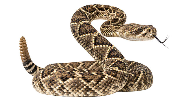 Coiled rattlesnake in S shape motion with forked tongue extended on transparent background PN