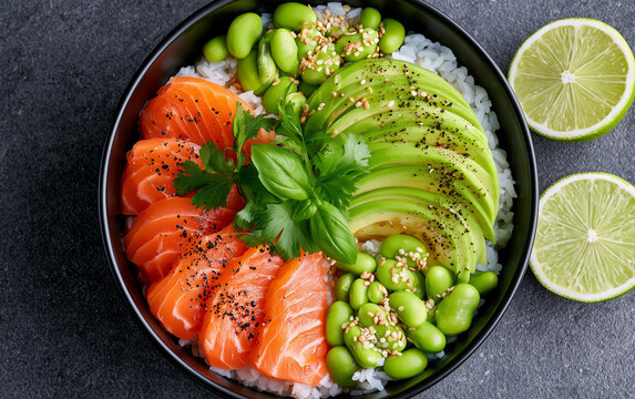 Fresh Salmon Poke Bowl with Avocado, Edamame, and Rice, Healthy Meal Concept