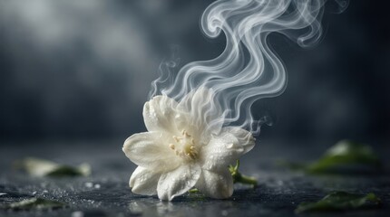 Obraz premium White flower with swirling smoke wisps