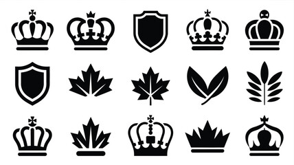 Naklejka premium Black and white royal crowns and heraldic shields with maple leaf designs vector collection with vector icons combining displays twelve high