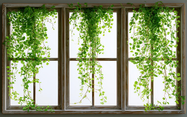 Fototapeta premium Lush green hanging fern leaves viewed through a classic wooden framed window with soft natural light