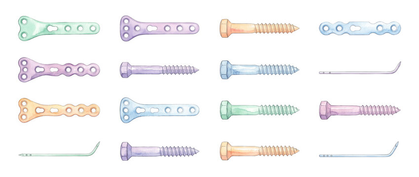 Orthopedic Bone Plates Surgical Screws Watercolor Illustration Set for Medical Osteosynthesis, Joint Fracture Fixation and Trauma Surgery Equipment, Pastel Isolated Graphics