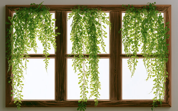 Lush green hanging fern leaves viewed through a classic wooden framed window with soft natural light
