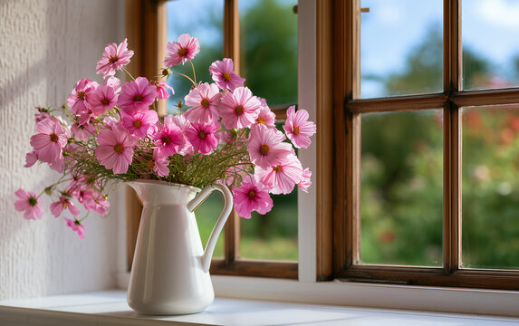 Delicate pink flowers in a white vase sit on a windowsill bathed in warm, golden sunlight, evoking a sense of peace and home.