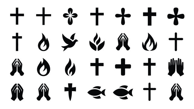 Minimalist black and white symbolic icons collection with contrast vector arrangement icons including crosses crosses hands flames presents clean high