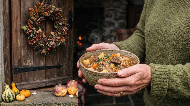 Close-up of hands holding a ceramic bowl of steaming Irish stew at an antique cottage doorway decorated for traditional Irish Samhain Halloween