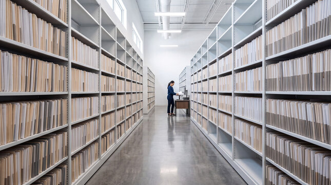 Wide-angle view of a modern medical archive aisle with neat rows of plain patient folders and a healthcare administrator working. Data storage and hospital administration photo.
